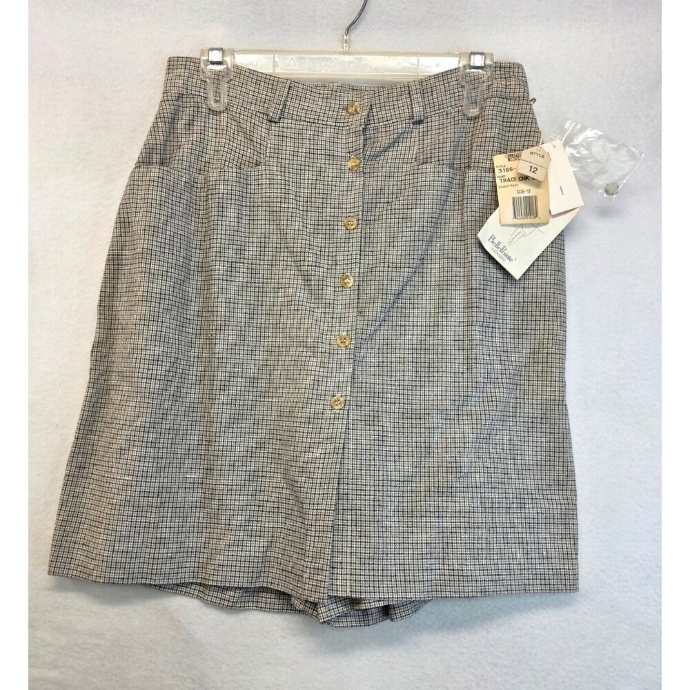 Vintage Belle Pointe Traci Linen Skort 12 Khaki Navy Check Country 90s Preppy